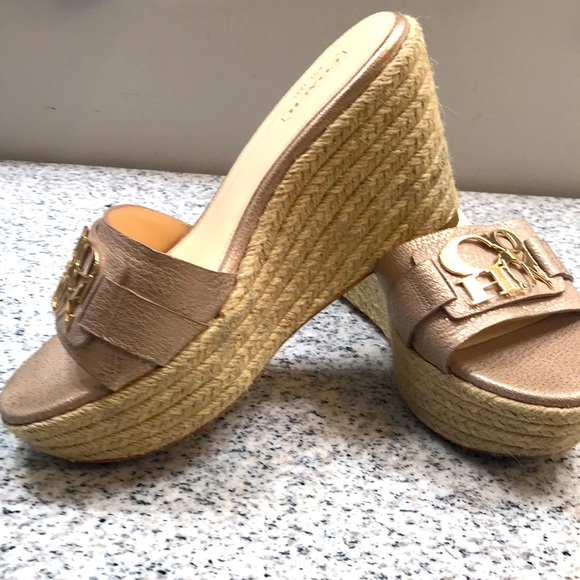 COACH Carlana SIGNATURE Gold Espadrilles Platform Wedge Heels - Picture 4 of 11